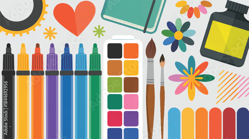 Colorful art supplies and decoration elements