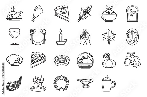 Thanksgiving Vector Icon Set - Minimalis Outline Style Symbol contain rosted turkey hand pray candle basket cream pie corn potato cranberry fruit apple oak leaf bowl autumn food festival gratitude 