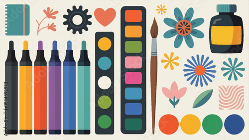 Colorful art supplies and flowers