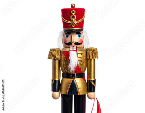 Ornate wooden figurine of a soldier with a tall red hat and gold embellishments, black background