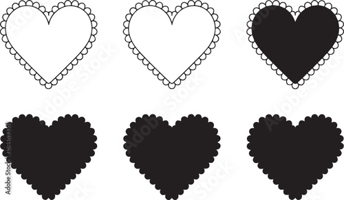 Scalloped edge heart shapes set. Simple heart scalloped border. Fabric laces silhouette frame. Repeat cute vintage frill ornament. Texture ribbons. Vector illustration isolated on white background