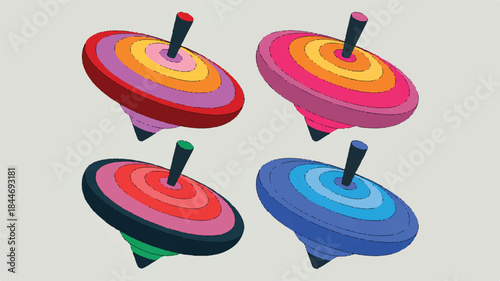 Colorful spinning tops in motion