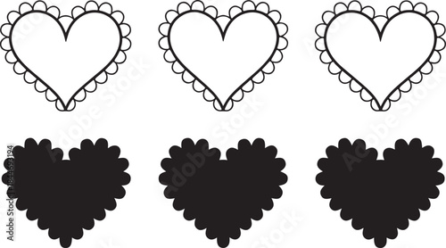 Scalloped edge heart shapes set. Simple heart scalloped border. Fabric laces silhouette frame. Repeat cute vintage frill ornament. Texture ribbons. Vector illustration isolated on white background