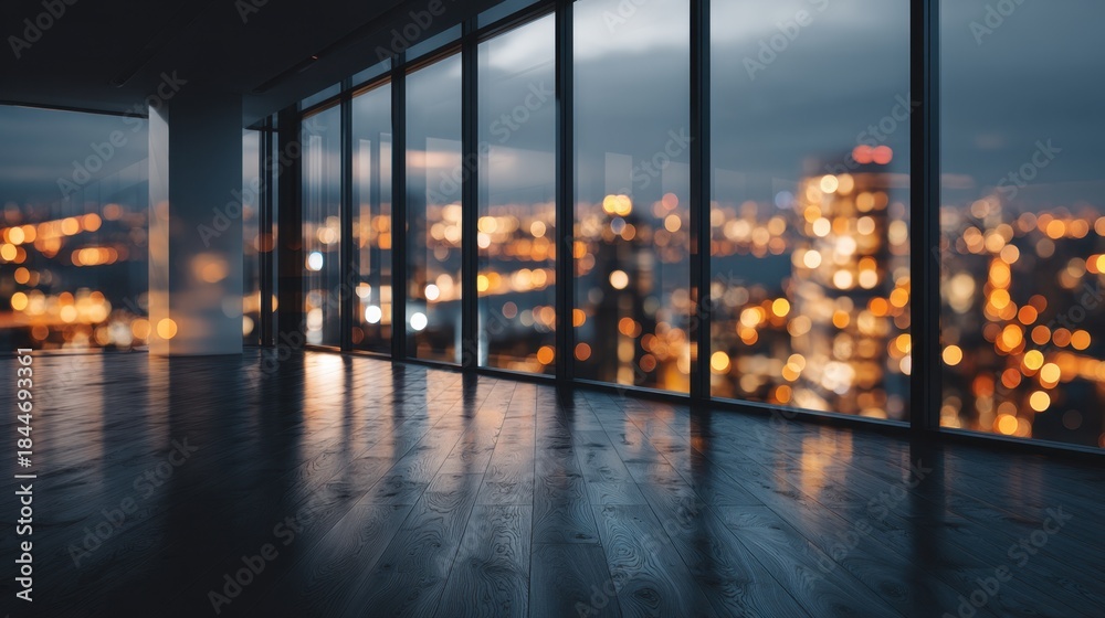 Fototapeta premium A city skyline is visible through a large window in a building. The city lights are reflected in the window, creating a warm and inviting atmosphere