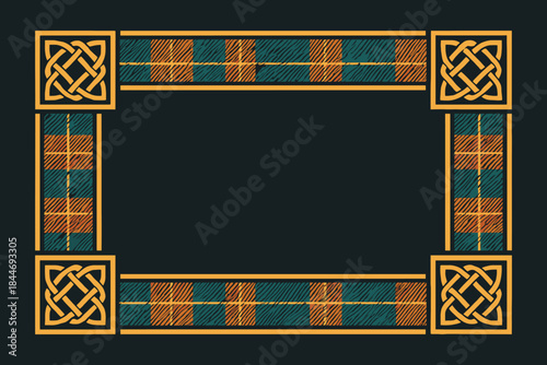 Traditional scottish tartan and celtic knot frame on a dark background
