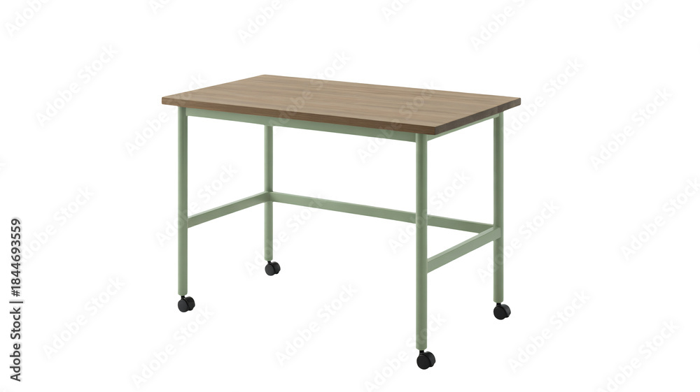 Fototapeta premium Brown Wooden Table with Green Metal Frame on Wheels