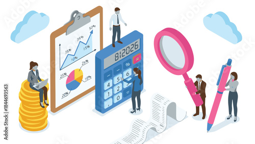 Business financial analysis and accounting with people, charts, and calculator