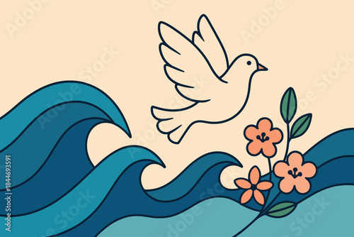 A symbolic illustration of a dove flying above rolling blue waves and blooming flowers