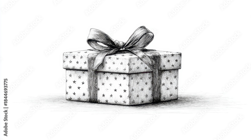 Obraz premium Detailed pencil sketch of a patterned gift box with a ribbon bow