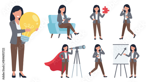 Set of illustrations: Businesswoman with ideas, growth, vision, communication
