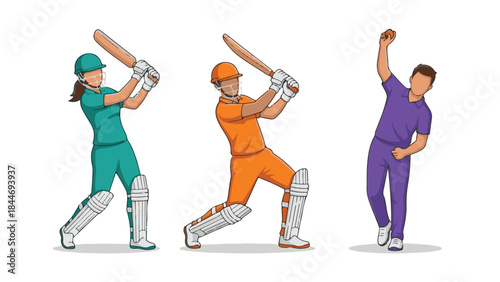 Cricket Players: Male and Female Batters with a Bowler Illustration