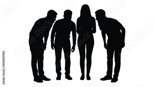 a group of four people standing together in a dark striking silhouette