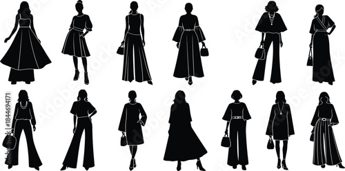 Collection of elegant female fashion silhouettes showcasing diverse styles