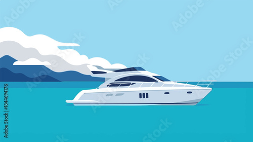 Modern luxury yacht sailing on calm turquoise ocean with mountains