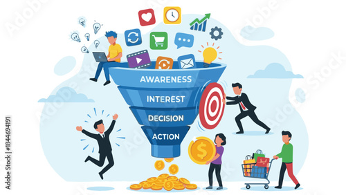 Marketing Sales Funnel Process with Customers and Business Elements