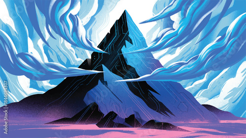 Fantasy mountain landscape with majestic peak and swirling clouds