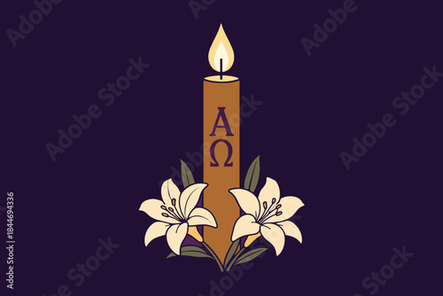 A religious illustration featuring a paschal candle with alpha omega symbols and white lilies
