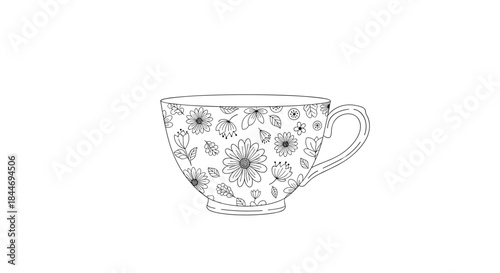 Elegant porcelain teacup with a detailed floral motif featuring daisies and blossoms around the body and a graceful curved handle and base.