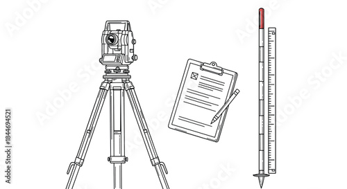 Survey equipment setup shows a tripod mounted instrument a clipboard with notes and a measuring scale prepared for field data collection.