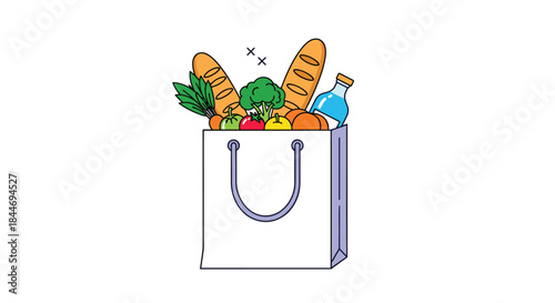 Colorful shopping bag bursting with fresh bread produce fruits vegetables dairy and pantry staples ready for a nourishing family meal after shopping.