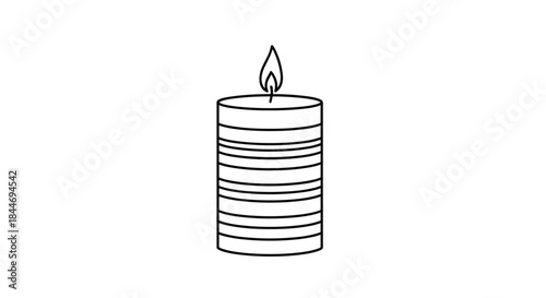 Candle with a tall striped body and a small flickering flame atop a plain white background creating a simple calm scene with clean line art.