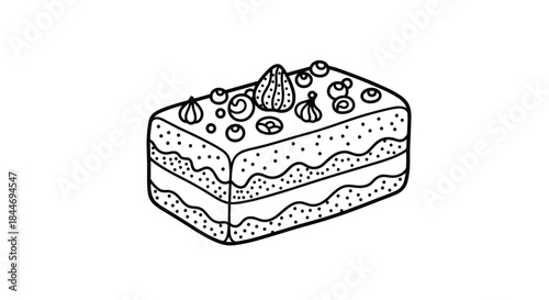 Delightful multi layer cake with smooth frosting and fruit toppings illustrated in a simple black and white line drawing