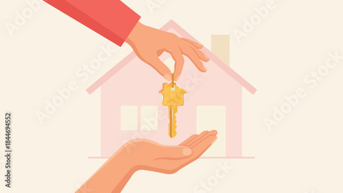Hand exchanging house keys in front of a minimalist home illustration