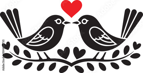 Silhouette of couple shrike birds sit at tree branch with heart shaped leaves. Abstract simple bird illustration, black silhouette. Laser cut template, wall decor