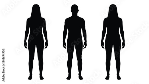 Three human figures displayed in a simple black silhouette against a pure white background silhouette