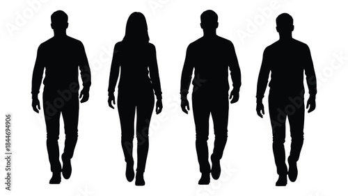 Four individuals walking forward presented as dark shapes against a white backdrop silhouette