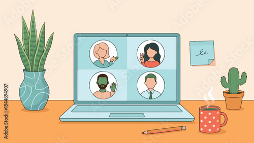 Online video conference on laptop in a cozy home office desk setup