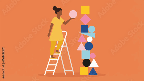 Woman on ladder stacking diverse geometric shapes for progress