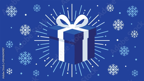 Festive Blue Gift Box with White Ribbon and Snowflakes for Winter Holidays