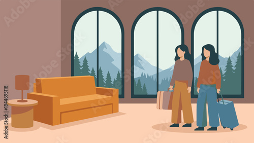 Two women with luggage in a room with a mountain view, flat design illustration