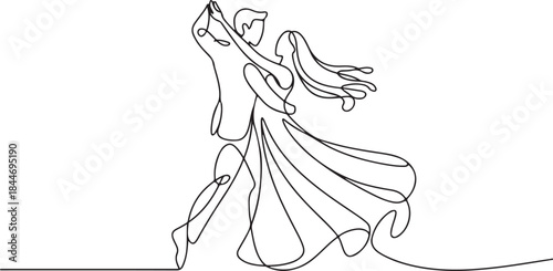 Single one line drawing happy cute married man and woman dancing on the floor at party park. Romantic young wedding couple holding hands and spinning around. Continuous line draw design graphic vector