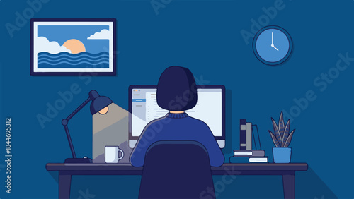 Person coding at computer in a cozy home office, remote work illustration