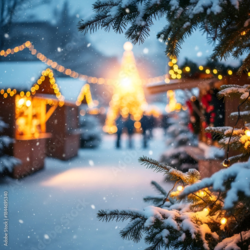A magical snowy christmas market scene with bright lights and a festive atmosphere