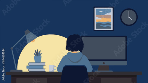 Person working or studying late at night on computer at a cozy desk