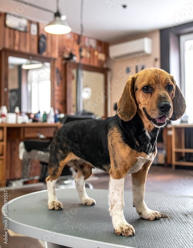 Wallpaper Mural Tri-color dog posing on table inside a room with a barbershop aesthetic Torontodigital.ca