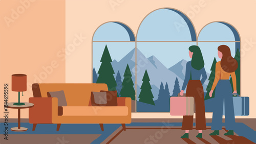 Two women with suitcases looking at scenic mountain view from a cozy room