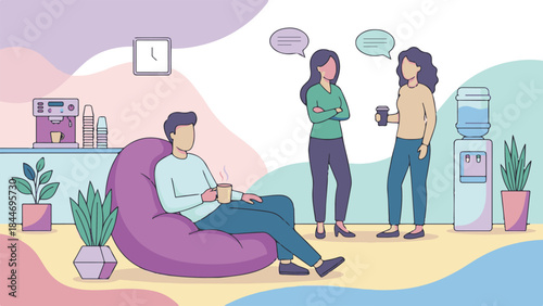 Colleagues relaxing and communicating in a casual modern office break room