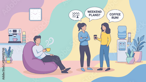 Coworkers taking a coffee break, discussing weekend plans in office lounge