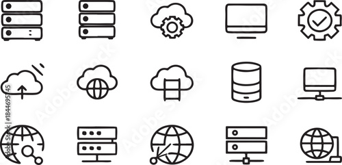 Comprehensive set of minimalist line icons for technology data and cloud computing ideal for web app and IT infrastructure designs