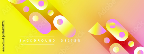 Abstract gradient background. Pink, yellow hues blend smoothly. Geometric shapes overlap creating dynamic visual effect. Modern design element.