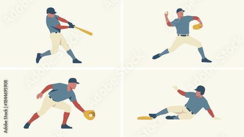 Baseball players in action, minimalist flat vector illustration set