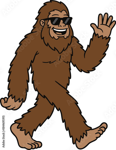 Funny Bigfoot cartoon illustration, cool sasquatch character wearing sunglasses, smiling cryptid mascot walking and waving, playful folklore vector