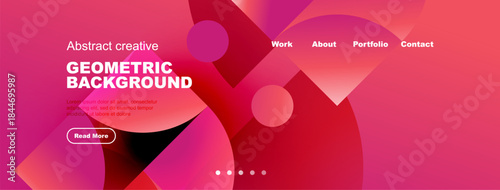 Abstract website template features vibrant geometric shapes, text, navigation menu. Pink, purple hues dominate design. Modern aesthetic.