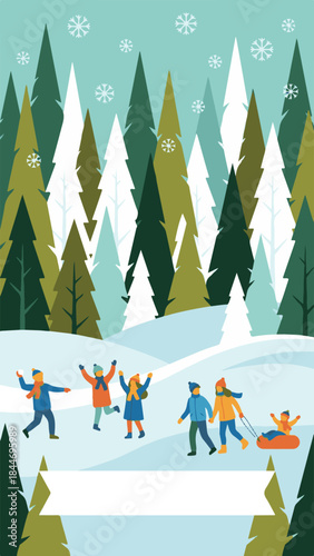 Joyful family and friends enjoying winter activities in a snowy pine forest