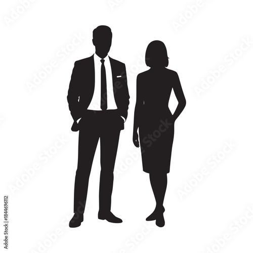 A striking silhouette depicts a formally dressed man and woman standing side by side conveying a sense of partnership and sophistication