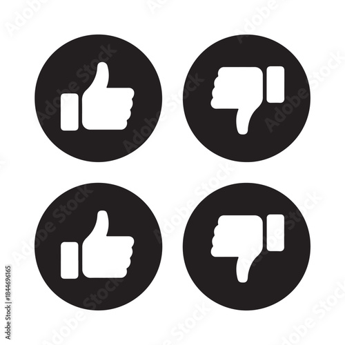 A visual representation showcasing contrasting opinions with four circular icons displaying both thumbs up and thumbs down symbols in black and white